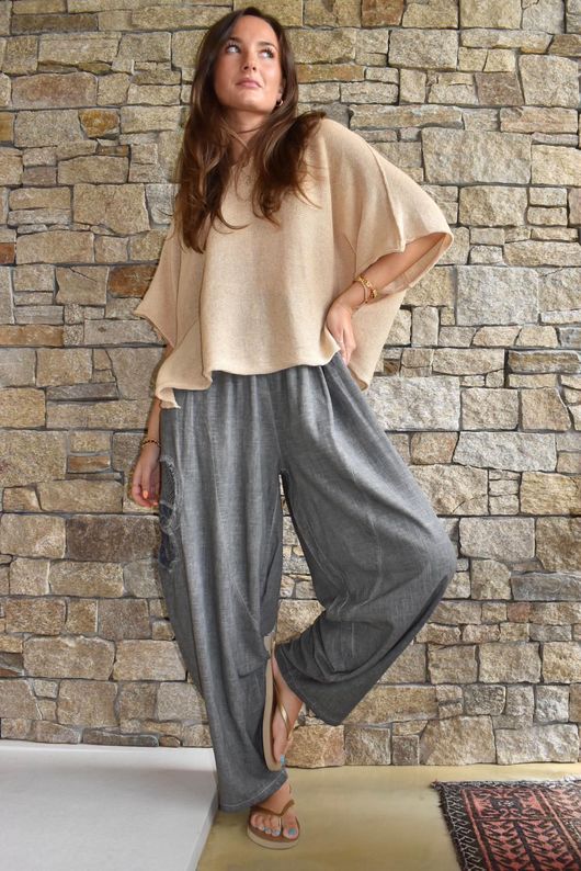 Lindin Linen Blend Crochet Flower Barrel Pant Washed Charcoal