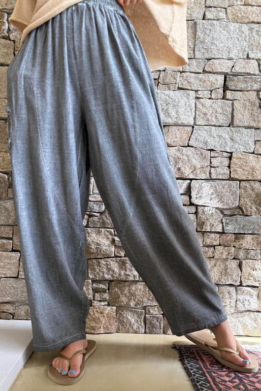Lindin Linen Blend Crochet Flower Barrel Pant Washed Charcoal