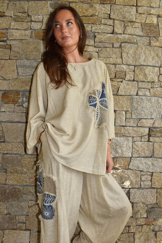 Lindin Linen Blend Crochet Flower Barrel Pant Washed Sandstone