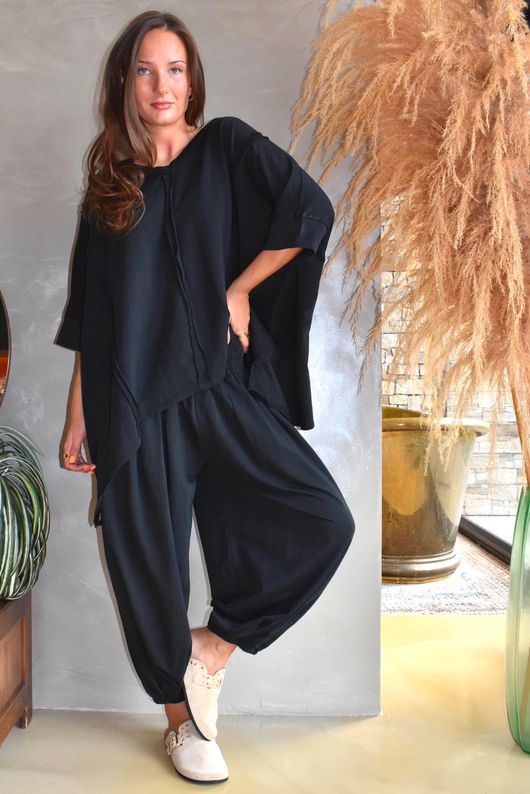 Lock Raw Seam Dip Side Short Sleeve Top Black