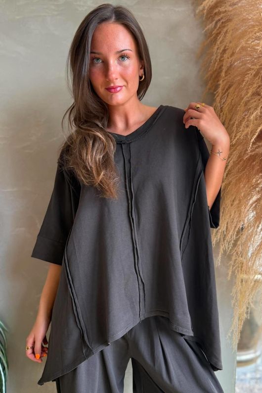 Lock Raw Seam Dip Side Short Sleeve Top Coffee Bean