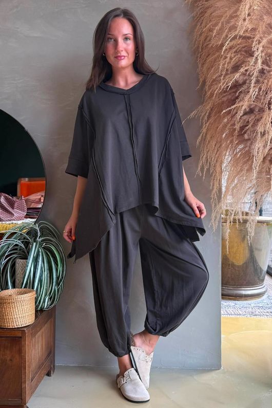 Lock Raw Seam Dip Side Short Sleeve Top Coffee Bean