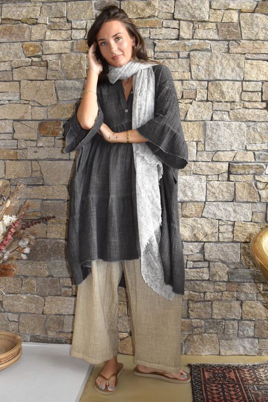 Loom & Thread Embroidered Tiered Smock Dress Washed Charcoal /40=