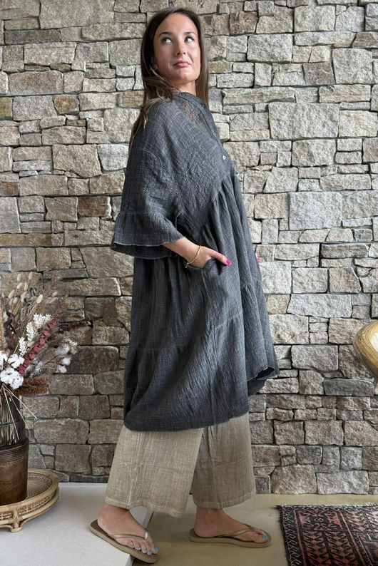 Loom & Thread Embroidered Tiered Smock Dress Washed Charcoal