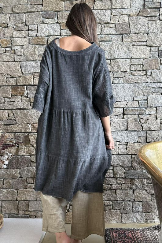 Loom & Thread Embroidered Tiered Smock Dress Washed Charcoal