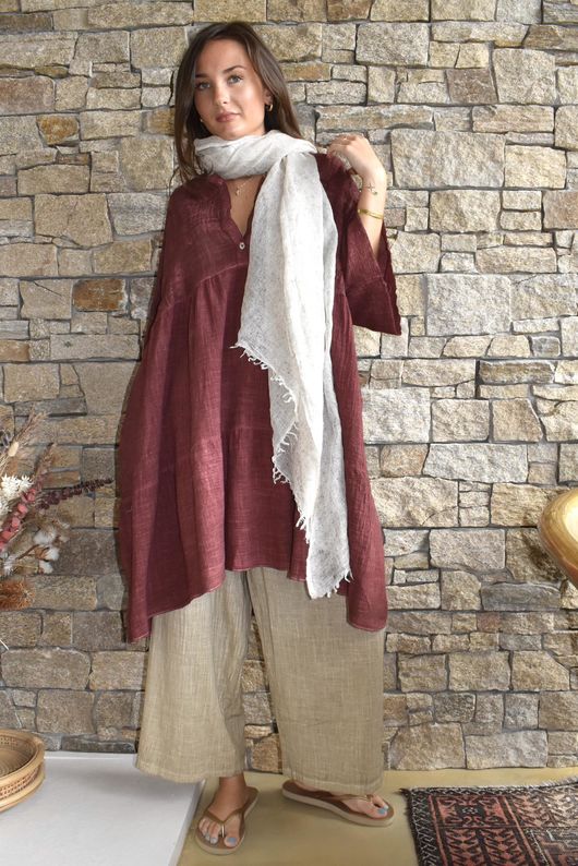 Loom & Thread Embroidered Tiered Smock Dress Washed Merlot /40=