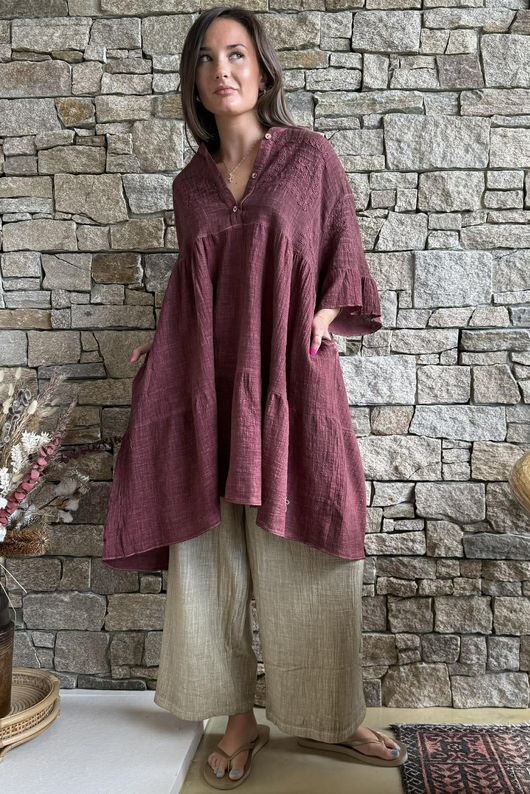 Loom & Thread Embroidered Tiered Smock Dress Washed Merlot
