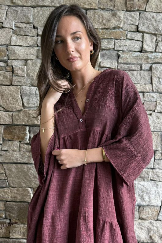 Loom & Thread Embroidered Tiered Smock Dress Washed Merlot
