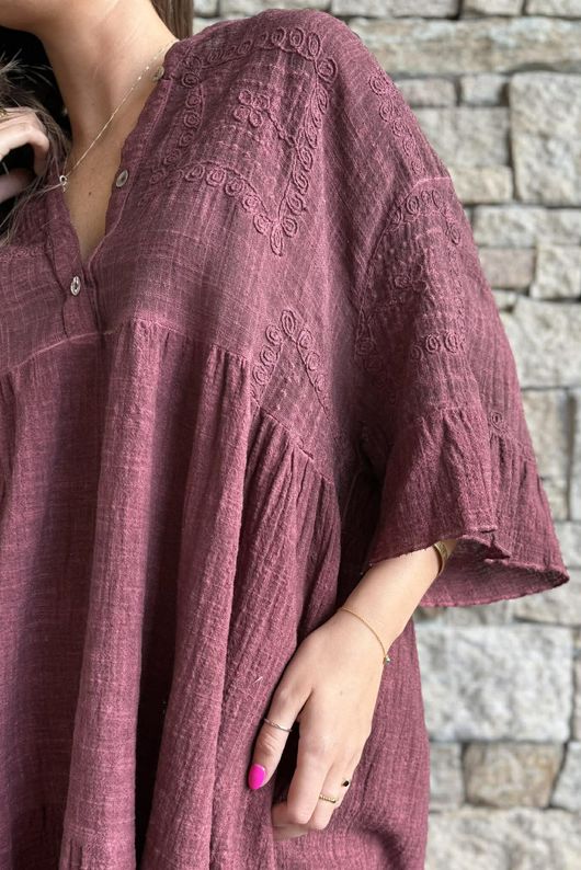 Loom & Thread Embroidered Tiered Smock Dress Washed Merlot