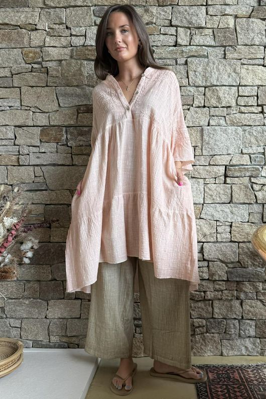 Loom & Thread Embroidered Tiered Smock Dress Washed Peachy Nude
