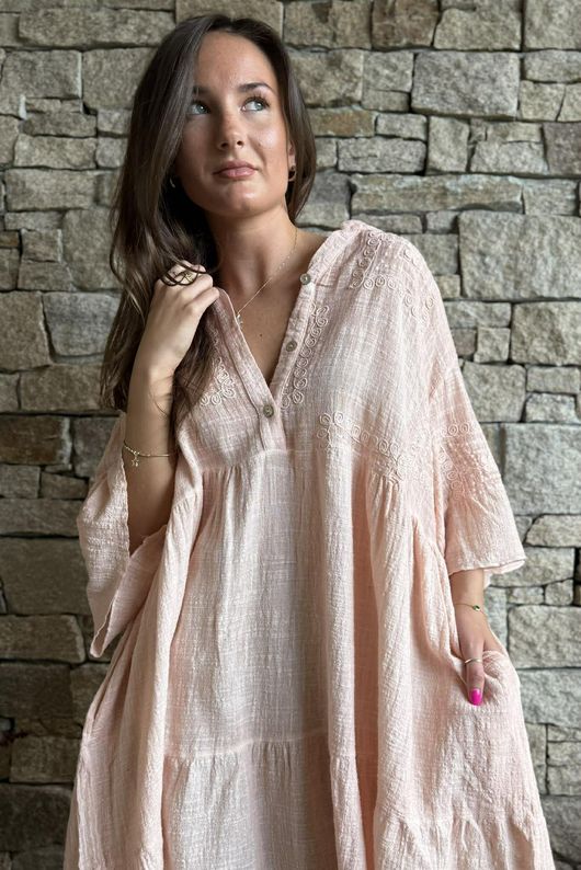 Loom & Thread Embroidered Tiered Smock Dress Washed Peachy Nude