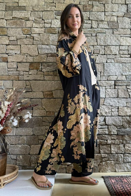 Lotus Oriental Longline Belted Duster Shirt Black