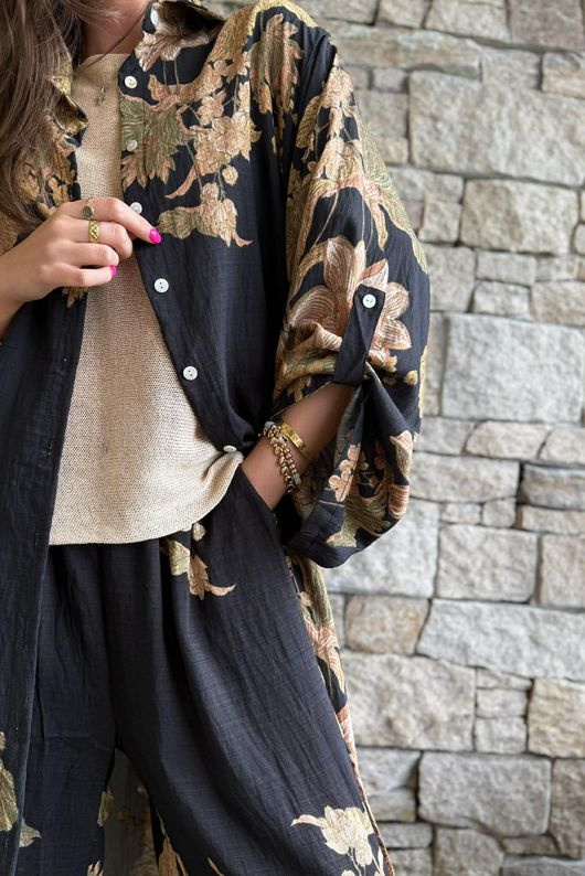 Lotus Oriental Longline Belted Duster Shirt Black