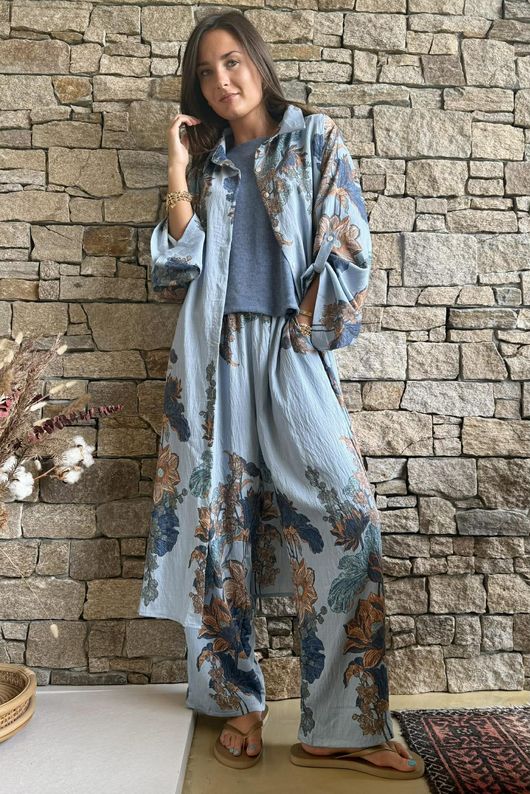 Lotus Oriental Longline Belted Duster Shirt Denim /40=