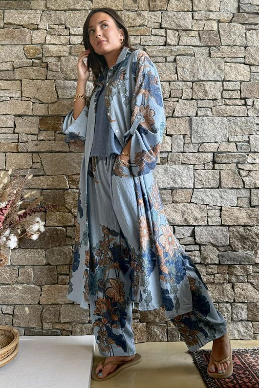 Lotus Oriental Longline Belted Duster Shirt Denim