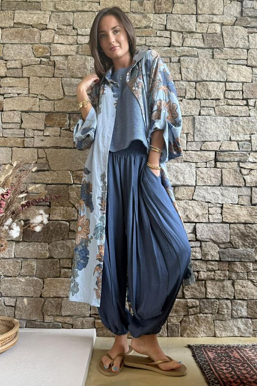 Lotus Oriental Longline Belted Duster Shirt Denim