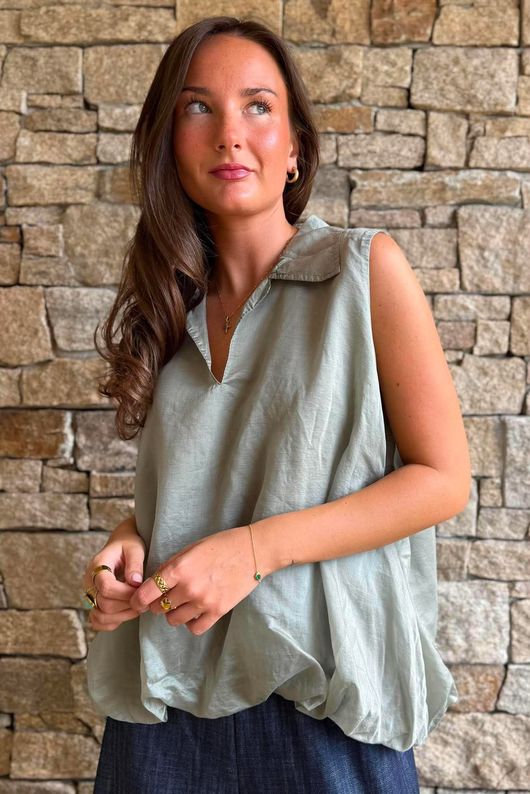Mabel Sleeveless Bubble Blouse Soft Khaki 