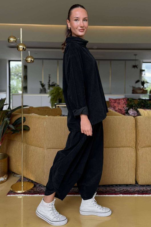 Made in Italy Bateau Needlecord Cowl Neck Top Black - 