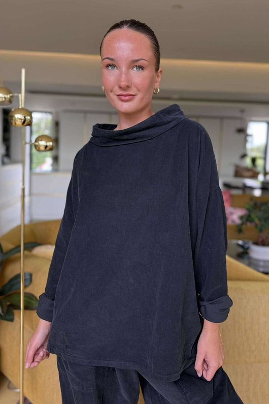 Made in Italy Bateau Needlecord Cowl Neck Top Black - 
