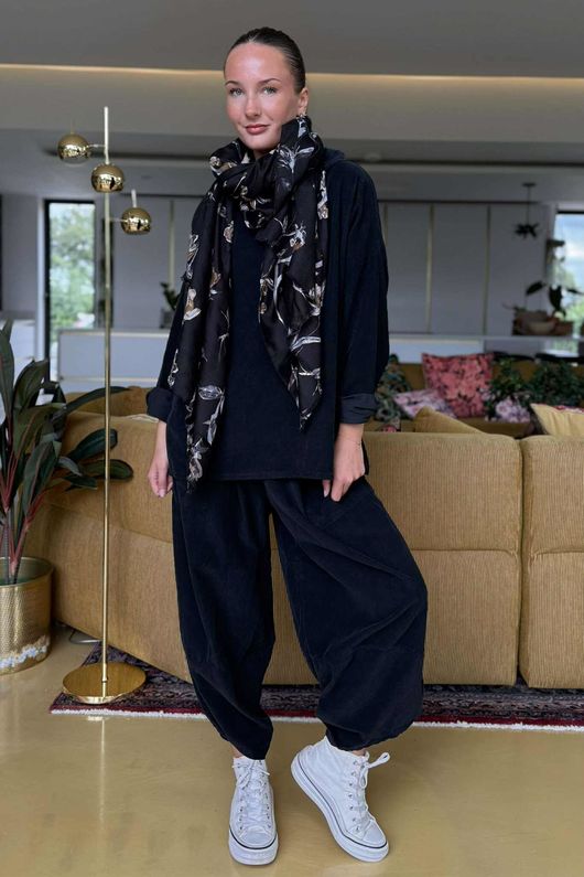 Made in Italy Bateau Needlecord Cowl Neck Top Black - 