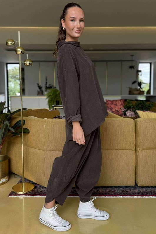 Made in Italy Bateau Needlecord Cowl Neck Top Chocolate 