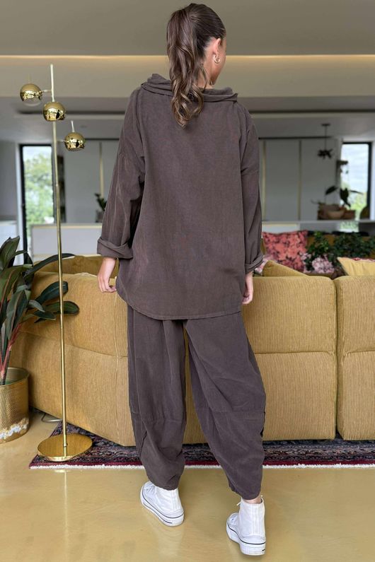 Made in Italy Bateau Needlecord Cowl Neck Top Chocolate 