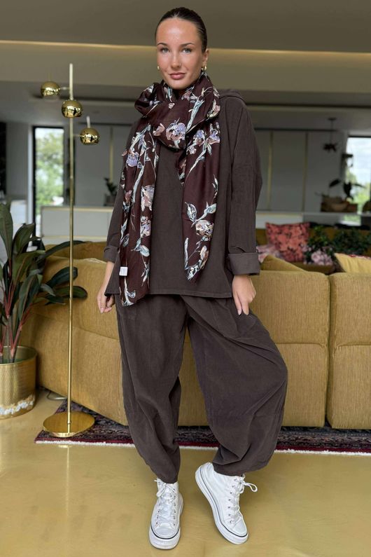 Made in Italy Bateau Needlecord Cowl Neck Top Chocolate 