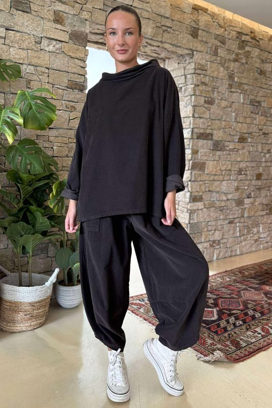 Made in Italy Bateau Needlecord Cowl Neck Top Coffee Bean 