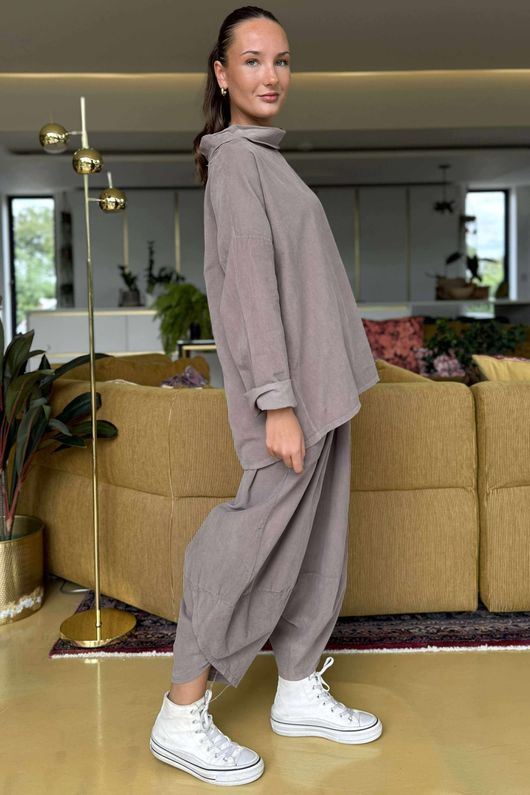 Made in Italy Bateau Needlecord Cowl Neck Top Mocha 