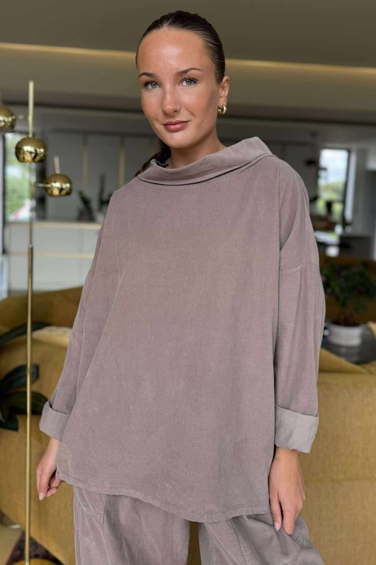 Made in Italy Bateau Needlecord Cowl Neck Top Mocha 