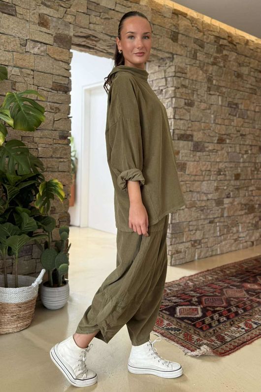 Made in Italy Bateau Needlecord Cowl Neck Top Olive 