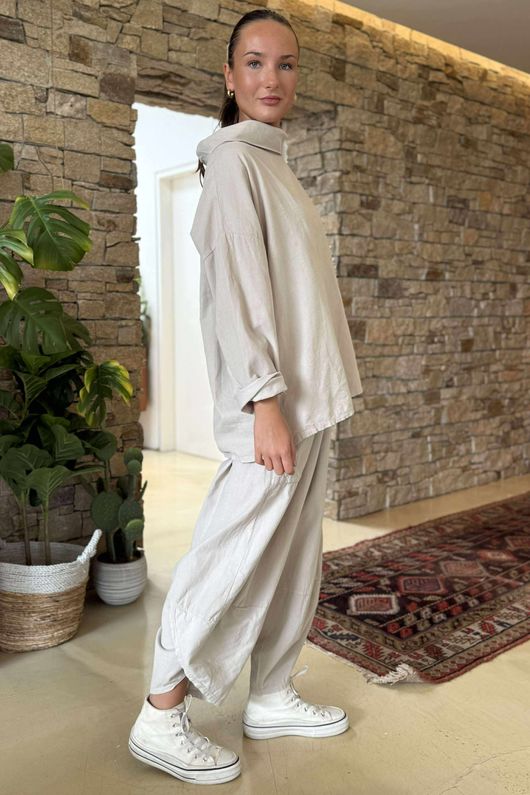 Made in Italy Bateau Needlecord Cowl Neck Top Stone 