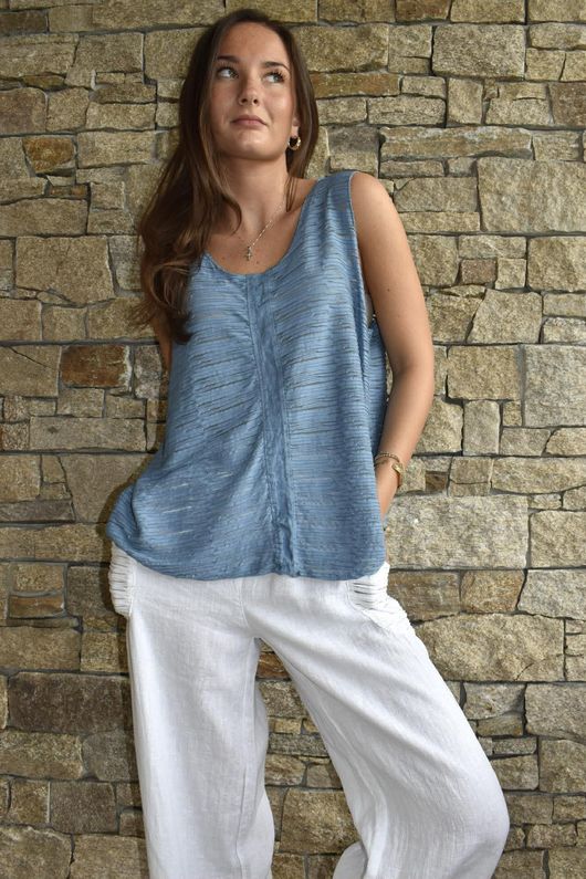  Benji Linen Panel Wave Vest Denim 