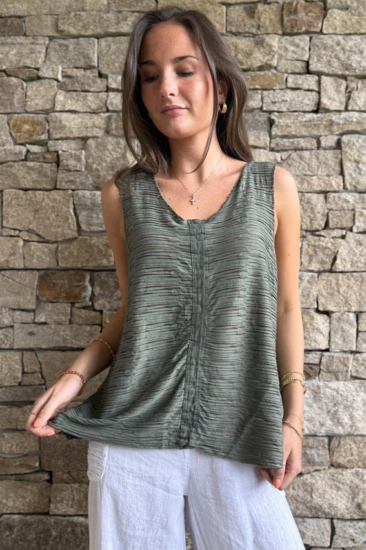  Benji Linen Panel Wave Vest Khaki 