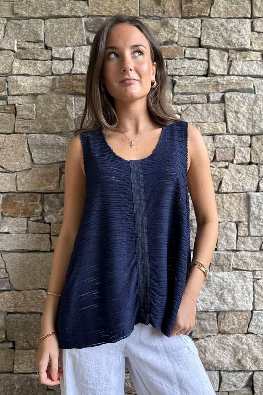  Benji Linen Panel Wave Vest Navy 