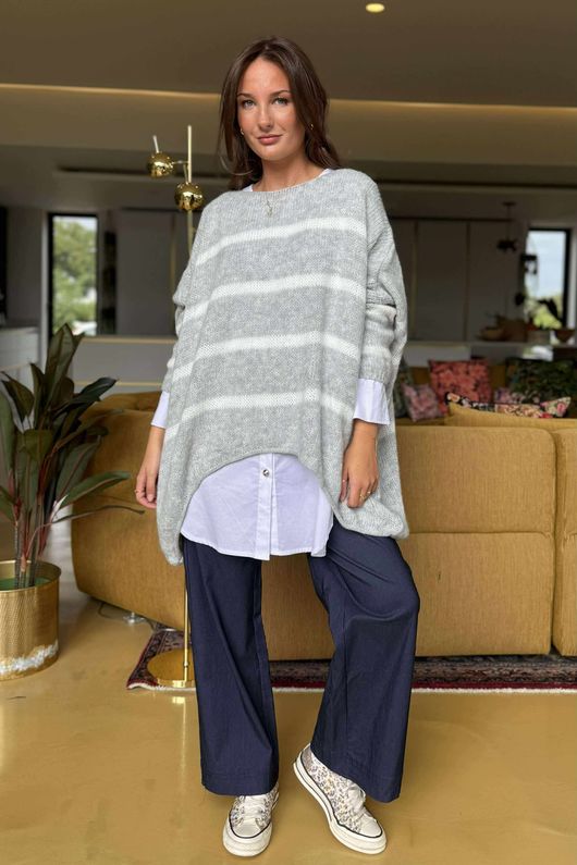 Made in Italy Big Softie Breton Archie Slouch Knit Top Grey Marl /6 =