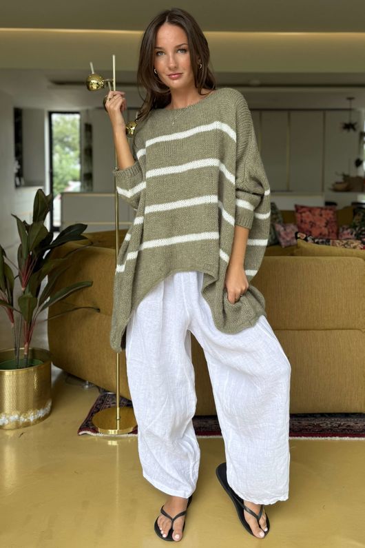 Made in Italy Big Softie Breton Archie Slouch Knit Top Soft Khaki /8 =