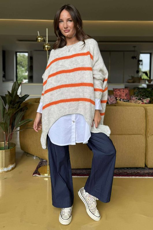 Made in Italy Big Softie Breton Archie Slouch Knit Top Stone /9 =
