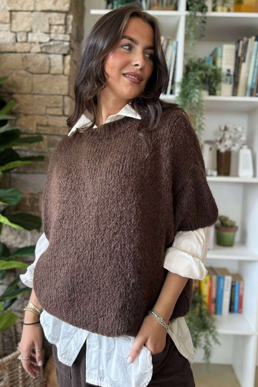 Made in Italy Big Softie Cap Sleeve Knit Top Chocolate