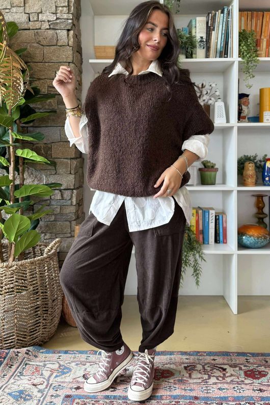 Made in Italy Big Softie Cap Sleeve Knit Top Chocolate