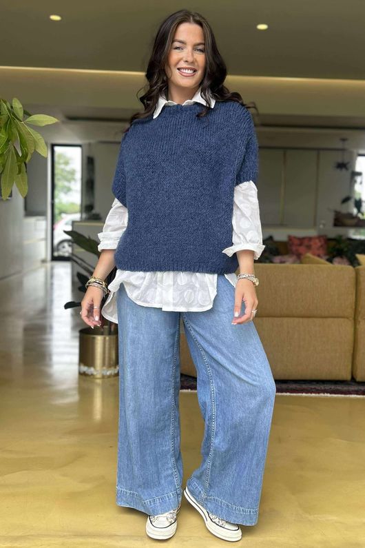 Made in Italy Big Softie Cap Sleeve Knit Top Dark Denim 