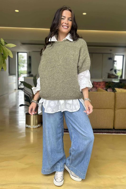 Made in Italy Big Softie Cap Sleeve Knit Top Soft Khaki -