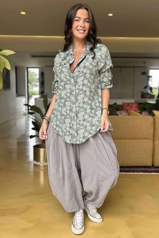 Made in Italy Blossom Cotton Blend Shirt Khaki /32 =