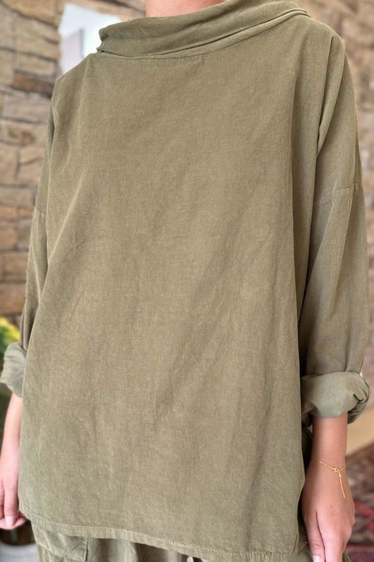 Made in Italy Cooper Needlecord Boat Cowl Neck Top Olive