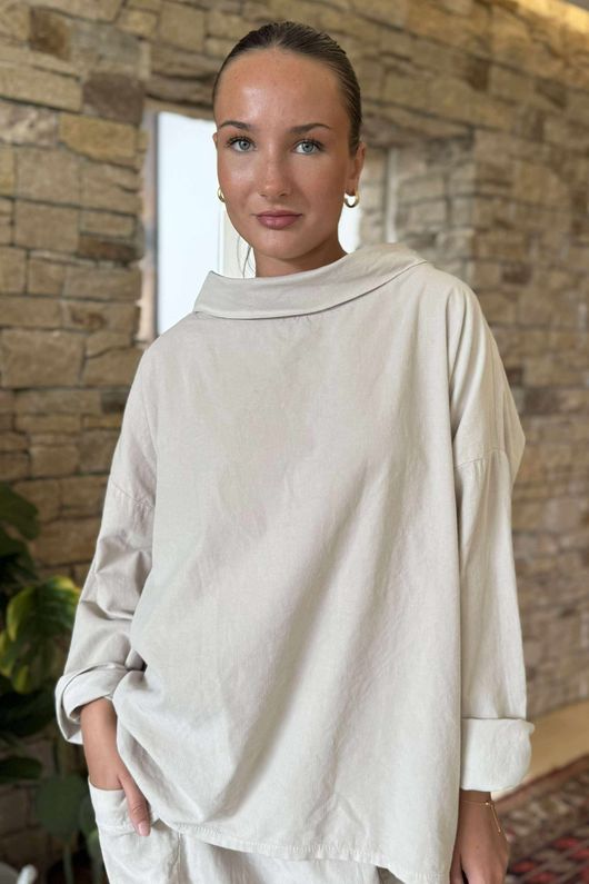 Made in Italy Cooper Needlecord Boat Cowl Neck Top Stone /13 =