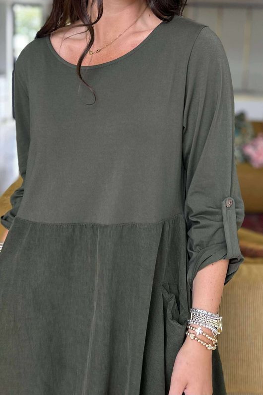 Made in Italy Cooper Needlecord Cocoon Dress Deep Moss