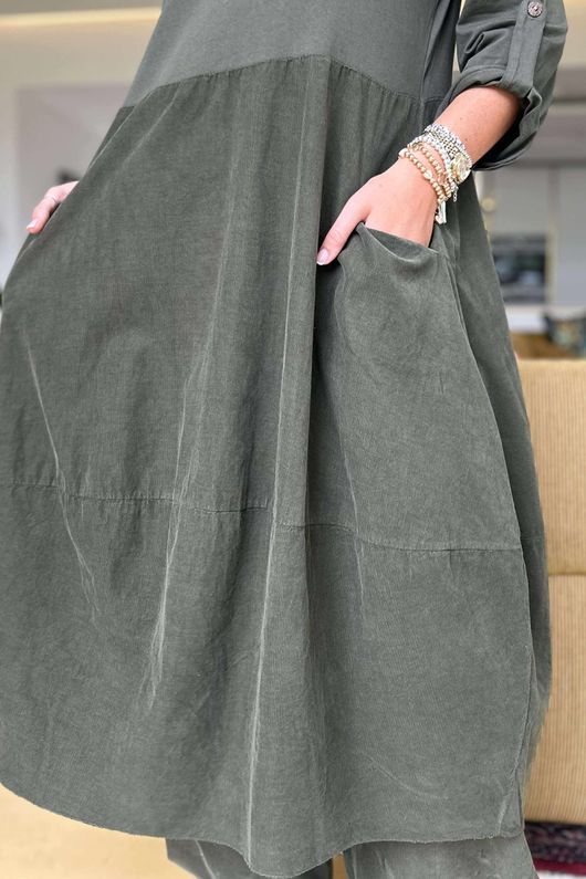 Made in Italy Cooper Needlecord Cocoon Dress Deep Moss