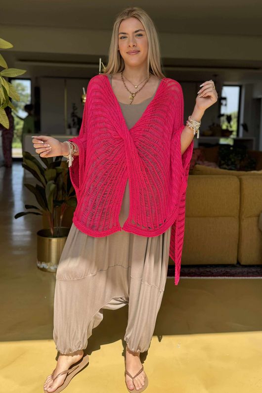 Made in Italy Emily Cross Front Crochet Knit Top Hot Pink /3 =