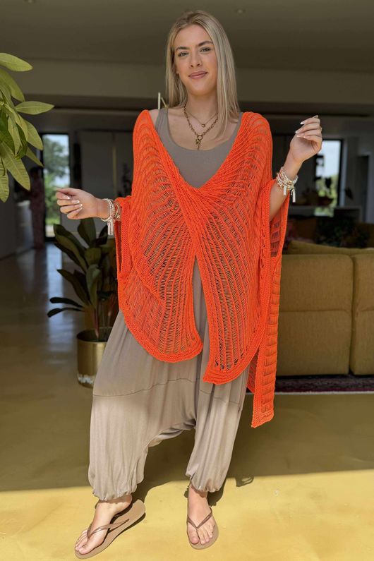 Made in Italy Emily Cross Front Crochet Knit Top Orange Zing /17 =