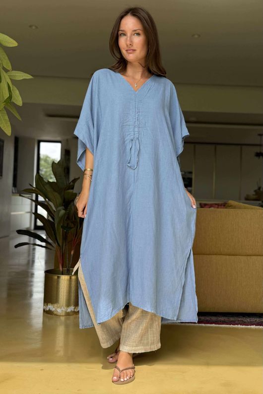 Made in Italy Eos Linen Blend Ruche Dress Denim /12 =